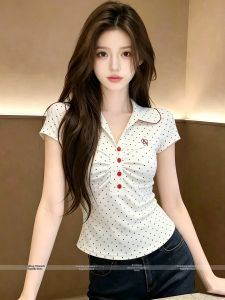 Korean Style Polka Dot Polo Neck Fitted T-shirt