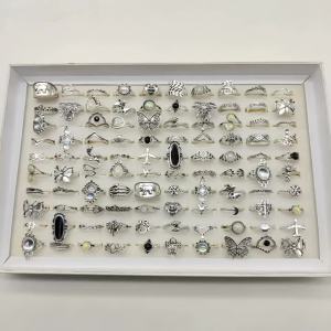 50pcs/Lot Mix Style Vintage Alloy Finger Rings for Women Black Enamel Skull Butterfly Elephant Fake Opal Jewelry Flower Gifts