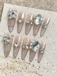 Handmade Wear Nail Handmade Classy Pure Desire Accessible Luxury Manicure Strobe Light Bubble Cat Eye Rhinestone Detachable Bridal Wedding Nail