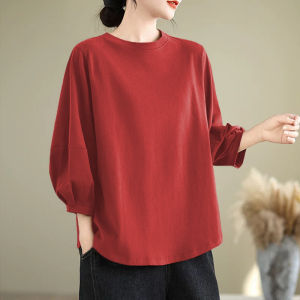 New plus Size Cotton round Neck T-Shirt Loose Fit 3/4 Sleeve Casual Versatile Womens Top Spring Summer Fashion Artistic