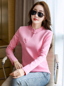 Elegant Stand Collar Womens T-Shirt Chinese Style Modified Qipao Button up Top Fashionable Cotton Long Sleeve Slim Fit Shirt