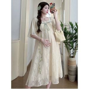 ชุดเดรสยาวปานกลางสไตล์จีนใหม่ปักลายฤดูร้อนสำหรับผู้หญิงไซส์ใหญ่ ทรงหลวม ปกปิดหน้าท้อง เอวสูง แขนกุด คอเหลี่ยม