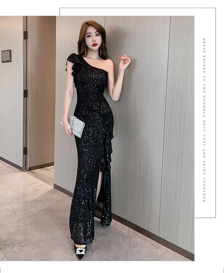 Nine Tails Color Sexy Fish Tail Long Evening Gown Single Shoulder Fashion Sequin Split ...