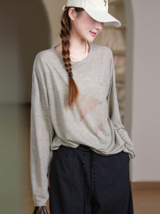 XIAOER | Soft Comfortable Gaozhi Yarn Loose Dyeing Print Long Sleeve T Shirt