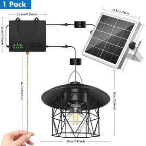 Solar Lamp for Garden Shed Barn Patio RV Wrought Iron Pendant Light with Vintage Pull Cord 3 Mode IP65 Waterproof Indoor Outdoor
