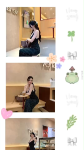 TW22677  เดรสยาวผ้ายืดลายจุดแต่งลูกไม้ ..