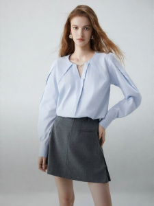 Elle | Blue V-Neck New Minimalist Work Casual Shirt
