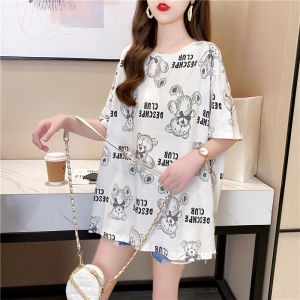 Trendy Bear Print Loose Fit Short Sleeve Womens T-Shirt Korean Style round Neck Casual Top for Spring Summer