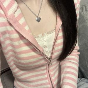 Pink Striped Hooded Double Zipper Knitted Sweatshirt Jacket Womens Autumn Winter New Small Size BM Style Commute Fashion