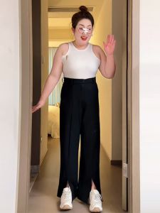 High Waist Wide Leg Suit Pants for Women Autumn Winter Slim Straight Floor Length Trousers with Slit Business Casual High Waist
