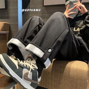 Casual Woolen Mens Pants Straight Leg Sweatpants American Lazy Style Autumn Winter Long Trousers Sporty Workwear Youth Fashion