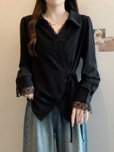 AIYITI | Elegant Lace Trimmed Tie-Up Long Sleeve Shirt Plus Size