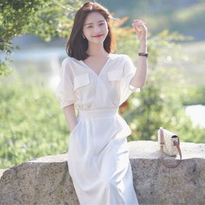 Elegant French Style Shirt Dress High Waist Slimming Fairy White Dress Summer New Arrival Womens Fashion Premium Quality