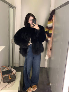 Black Fox Fur Short Coat Young Style Womens Fashionable Korean Version Star Zhi Ni Brand Loose Fit Long Sleeve round Neck