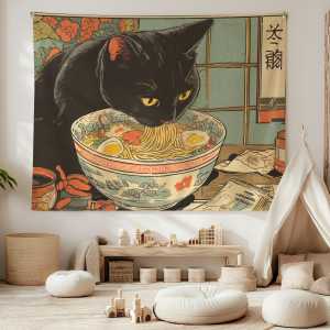 VIKAMA Japanese Ukiyoe Black Cat Lamian Noodles Tapestry Retro Hefeng Background Cloth Atmosphere Room Decoration