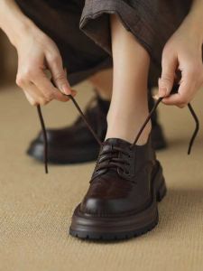 British Style round Toe Thick Bottom Commute Heightening Leather Shoes Spring 2024 Medium Heel Cross Buckle Fashion Single Shoes for Women