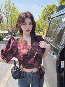 GUZILIAN | Korean Style Retro Bubble Sleeve Silk V-Neck Print Pure Desire Short Sleeve Shirt Trendy Open Cardigan With Butterfly Knot