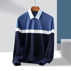 Brand Label Cutting Mens Clothing Shirt Collar Sweater Spring and Autumn Youth Men Patchwork Easy Matching Long Sleeves Pure Cotton Fake Two Pieces