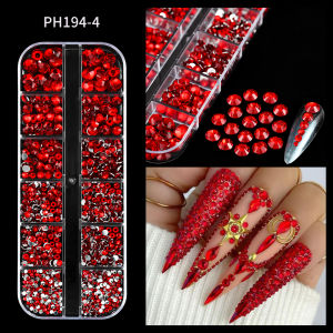 12Grids 3D Christmas Red&Green Nail Art Rhinestones Mixed SqaureRoundMoonButterfly Nail Charms Glass Gems DIY Manicure Jewery
