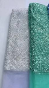 Luxury White African French Lace Fabric 5Yards Handmade Full Beaded Mesh Net Tulle Lace Fabric For Nigerian Wedding Party Dress