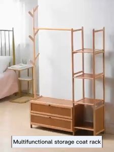 Bamboo Clothes Hanger Rack With Drawer 50/80/100CM Rak Baju Tempat Gantung Baju Clothing Organizer Penyangkut Beg 衣橱/衣帽架