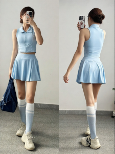 Sports Set Running Badminton Tennis Polo Style Back Vest with Fixed Cup Full Zipper Skirt