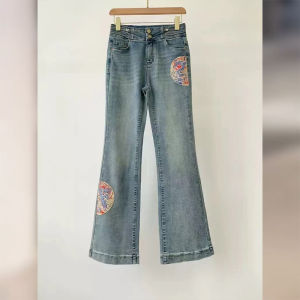 YUFUQING | กางเกงยีนส์ทรงหลวมเอวสูงสีน้ำเงินสไตล์จีนใหม่สำหรับผู้หญิง ดีไซน์เรียบง่าย ทรงสลิมฟิต กางเกงขายาวทรงตรง