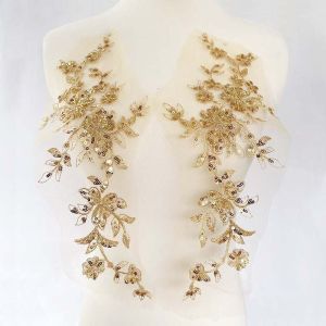 1 คู่/33*13.5 ซม.ดอกไม้ Glitter ลูกไม้ Appliques หลอดลูกปัดเย็บปักถักร้อย bodice Applique เย็บ Patch สําหรับชุดตกแต่ง