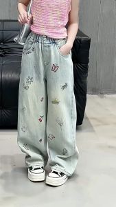 Good Quality Denim Jeans & Wide Leg Pants for Kids Girl Fashion Casual Denim Pants Jeans For Kids Clothing Garterized Maong Pants w/ Embroidered Design For 6-16 years old
