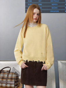 unifree | Yellow Crewneck Thick Loose Distressed Knitwear