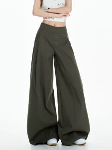 American Retro Military Green Casual Pants Womens Lazy Design Versatile Loose High Waist Wide Leg Floor-Length Pants