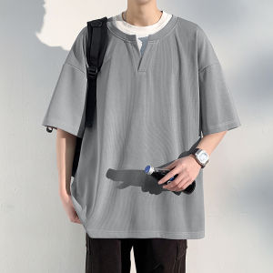 Casual V-Neck Short Sleeve Mens T-Shirt Quick Dry Loose Fit Summer Ice Silk Texture Top Breathable Comfortable Youth Fashion