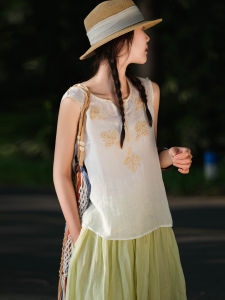 XIAOER | Leaf Embroidery Fine Ramie Spaghetti Strap T-Shirt Women