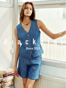 Blacknini Prato Sequin Denim Vest/Shorts V-neck Sleeveless Womens Street Style Summer Fashion Bright Sequin Jeans Jacket