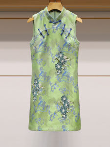 Elegant New Chinese Style Cheongsam Dress Womens Summer Fashion High Quality Polyester Fiber Sleeveless Short A-Line Skirt