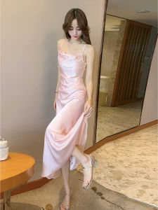 Silk Satin Halter Dress Women Summer New Style High Waist Bodycon Long Dress Elegant Waist Cinch Outfit Commute Korean Style