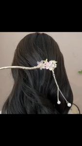F4 Jepit Rambut Korea 17.7cm Bahan Alloy Ritme Kuno Peach Blossom Rumbai Tusuk Konde Logam TKAJ001