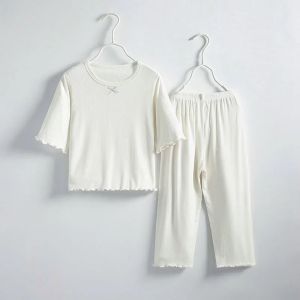 Sonkpuel | Bé Gái 2 Bộ Đồ Ngủ Mùa Hè Bộ Mỏng Tay Ngắn Ice Silk Homewear Màu Nguyên Chất Quần Áo Trẻ Em 2-10 Tuổi Thường Ngày Cổ Tròn Tay Ngắn