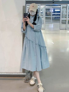 French Blue Shirt Dress Women Summer New Loose Casual Bump Covering Long Skirt Korean Style Button A-Line Midi Dress