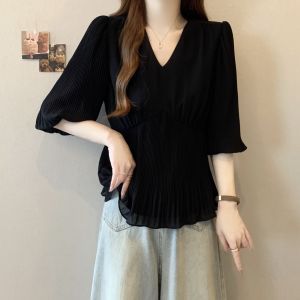 AIYITI | Slimming Waist Tying Black V-Neck Short Sleeve Blouse