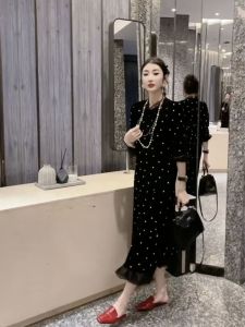 Fashionable Velvet Dress Womens High-end Slimming Little Black Dress Hepburn Style Print Splice Color Block A-line Skirt
