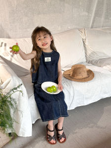 Fashionable Summer Denim Set for Girls Baby Split Casual Vest Top Korean Style Cotton Blend Clothing Kids Childrens Outfits