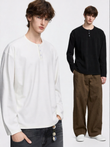 JEENSYIU | Áo Thun Tay Dài Form Rộng Cổ Henley Cotton
