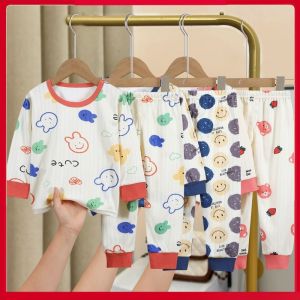 ชุดนอนผ้าฝ้ายแขนยาวลายดอกไม้ ชุดนอนเด็กชายและเด็กหญิง ชุดนอนฤดูใบไม้ร่วง ชุดนอนฤดูใบไม้ผลิ ชุดนอนฤดูร้อน ชุดนอนฤดูหนาว
