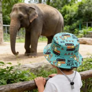 WRELS | Summer Kid Panama Hat Cartoon Excavator Printed Boys Girls Travel Fisherman Hat Sunshade Windproof 1-5Years Baby Bucket Hat