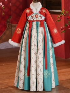 Autumn Winter Girls Hanfu Dress Fleece Lined New Year Visit Costume Childrens Ancient Fashion Long Sleeve Solid Color