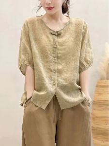 Cotton Linen Shirt Women Summer Thin Breathable Lantern Sleeve Button up Vintage Style Commute Top Loose Fit V Neck Five Sleeve