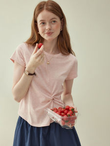 Original Design Pink Short Sleeve T-Shirt Womens Loose Fit Summer New Style Knot Twist Top Commute Fold AMUU Cotton Polyester
