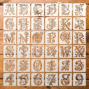 36PCS 3.9inch Floral Alphabet Stencils Reusable Rose Letter Painting Templates for Fabric Paper Glass DIY Craft Decor