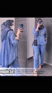 Setelan Jeans Terbaru Penguin Set WD Jeans Wash Dapat Baju + Celana Panjang Oneset Wanita Terbaru Hijab Outfit Setcel Kekinian Ootd Casual Santai